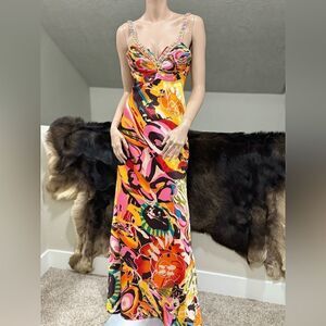 Sexy Colorful Floral Print Satin Sequins & Beaded Party Dress